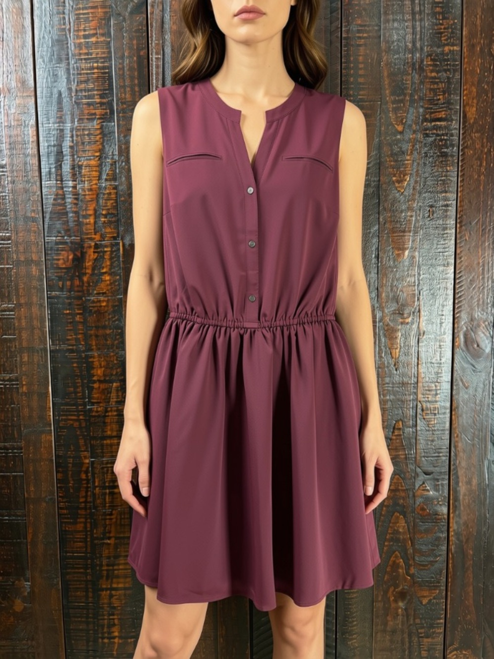 Maison Jules Sleeveless Maroon Partial Button-Front Elastic Waist Satin Dress